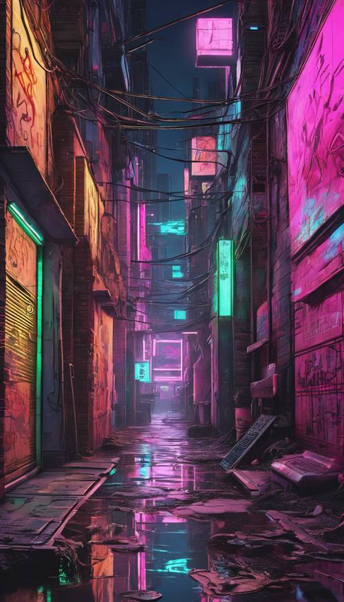 Un vicolo squallido con graffiti sui muri, pozzanghere che riflettono luci al neon in una città cyberpunk.