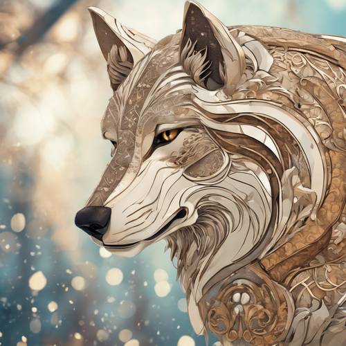 An art nouveau-style of a glamorous wolf with an ornate, delicate design, set in a lavish toasted almond color palette.