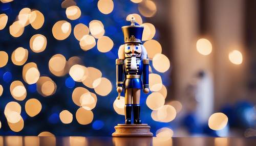 A tall brown nutcracker soldier decorated in Christmas attire standing guard next to a royal blue Christmas tree.