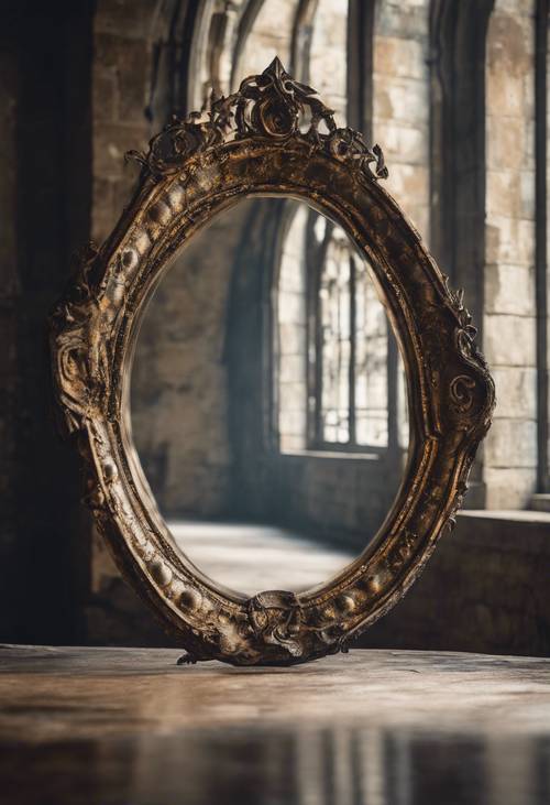Sebuah cermin antik yang ternoda oleh usia, mencerminkan langit-langit berkubah kastil Gotik yang terlupakan.