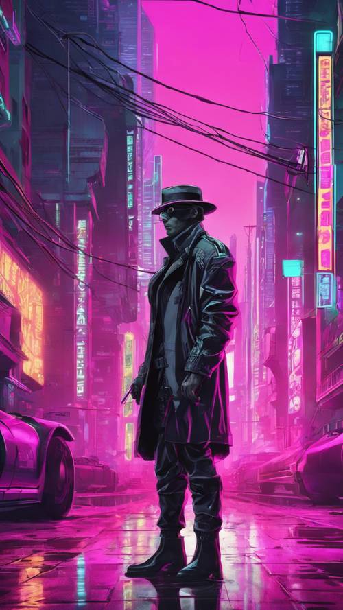 Un détective privé cyberpunk fumant dans une ville futuriste monochrome.