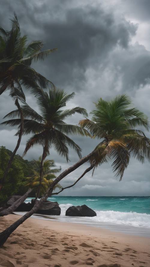 Тропический пляж под угрозой муссона с приближающимися темными грозовыми облаками.