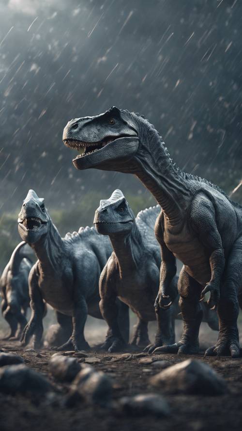A group of gray dinosaurs huddled together, bracing against a fierce thunderstorm.