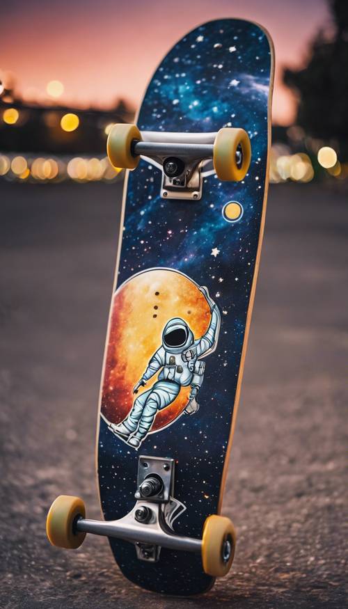 Um skate decorado com adesivos com tema espacial e brilhando sob o céu noturno estrelado.