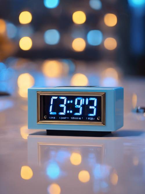 Jam digital Y2K berwarna biru muda menunjukkan waktu tengah malam