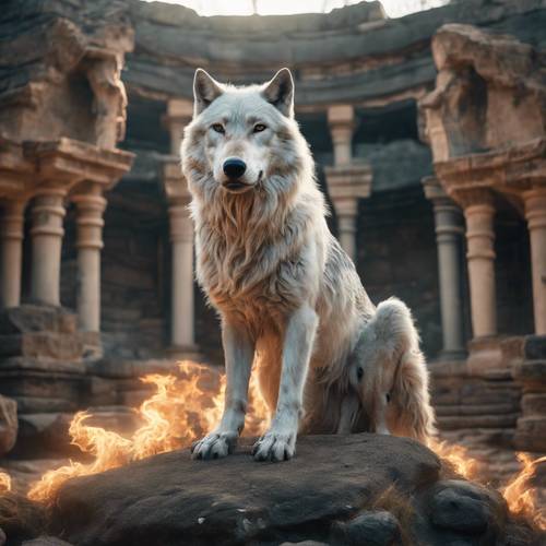 Representasi spektral dari roh serigala perdukunan, halus dan tembus cahaya, berdiri di dalam reruntuhan suku kuno diapit oleh api hantu.