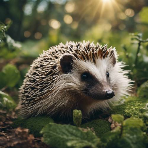 An endearing hedgehog with a camo-patterned coat, curiously exploring a lush, green garden. Ფონი [00e013163e074d8691f6]