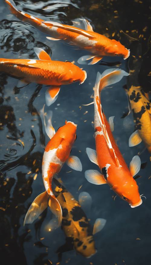 Artystyczne ujęcie pomarańczowych i złotych ryb koi pływających z wdziękiem w tradycyjnym japońskim stawie.