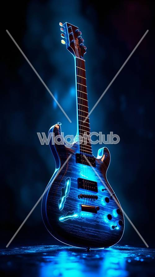 גיטרה חשמלית כחולה זוהרת על רקע כהה