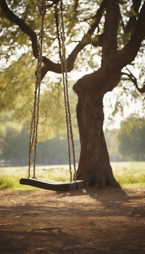 An empty swing hanging on a sturdy branch of a monumental tree, swinging mildly in the warm summer breeze.