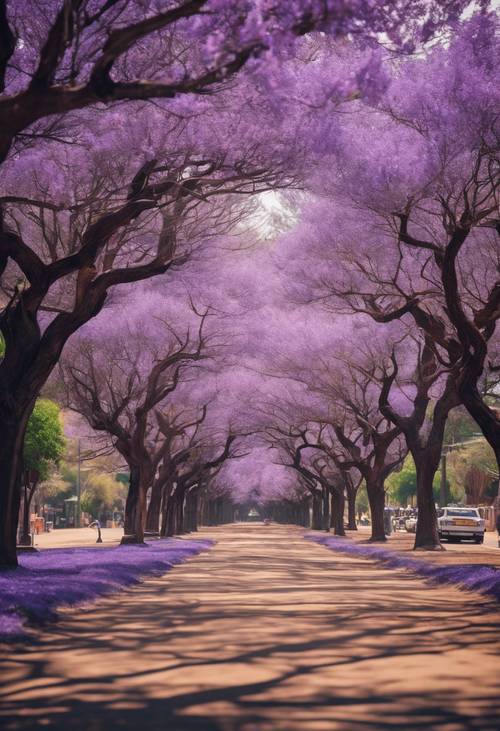 Malerische Aussicht auf Johannesburg mit Jacaranda-Bäumen in voller Blüte.