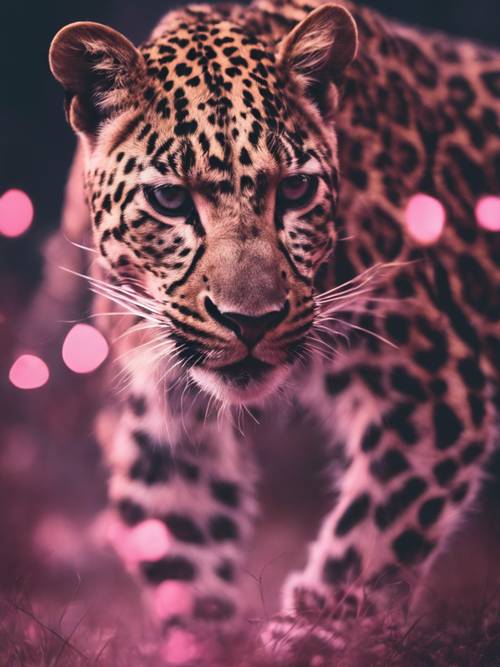Un leopardo rosa che insegue la sua preda sotto la misteriosa luna piena.