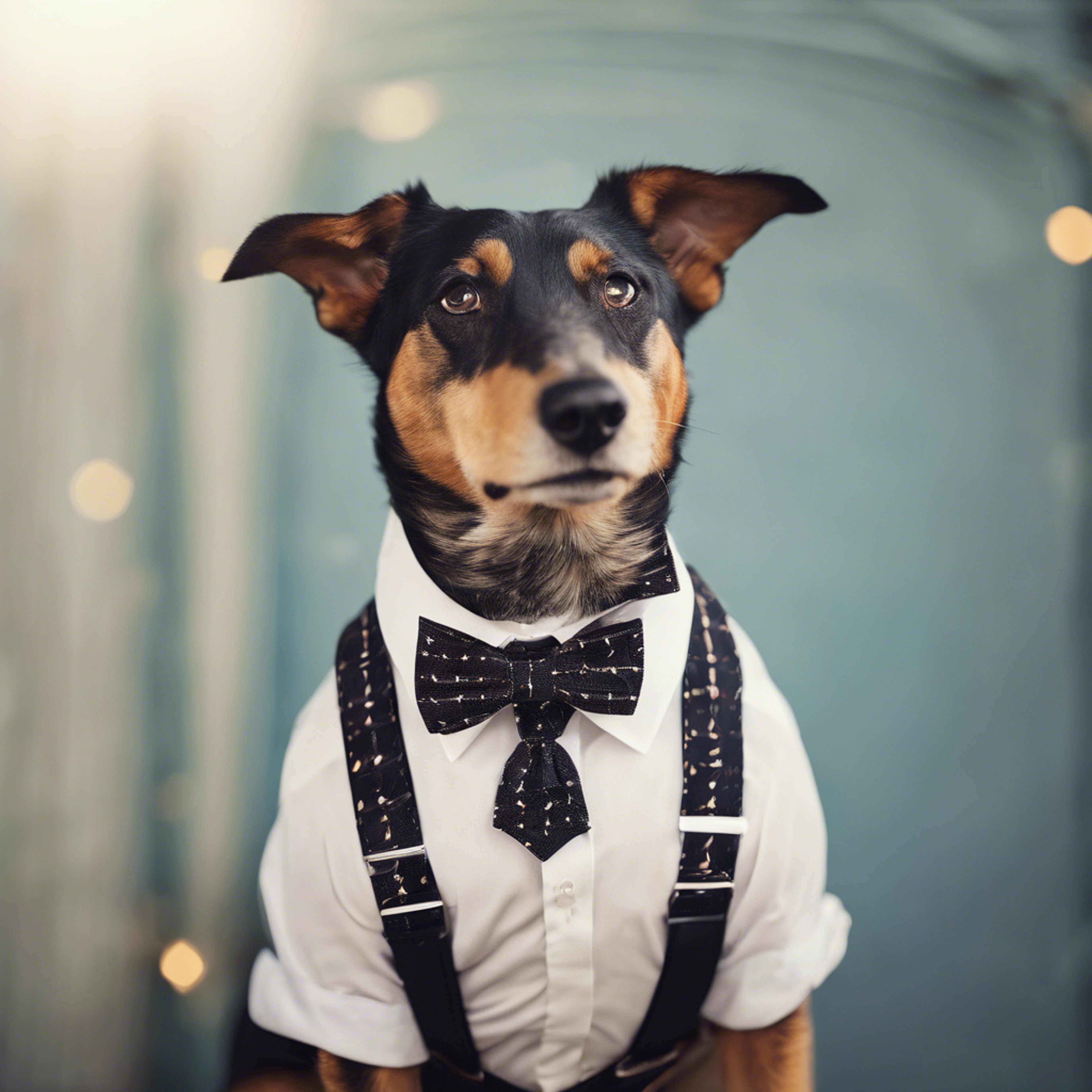 A dapper dog dressed in a cute retro-style outfit, featuring suspenders and bow tie. 벽지[69a1531fb80543609416]