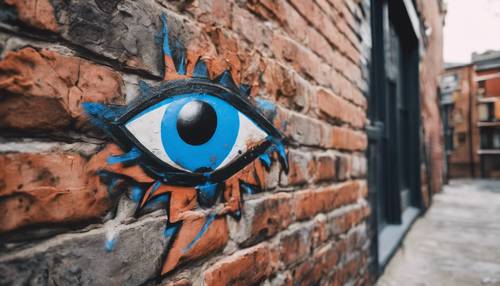 A vibrant graffiti of a blue evil eye on a brick wall in an urban setting.