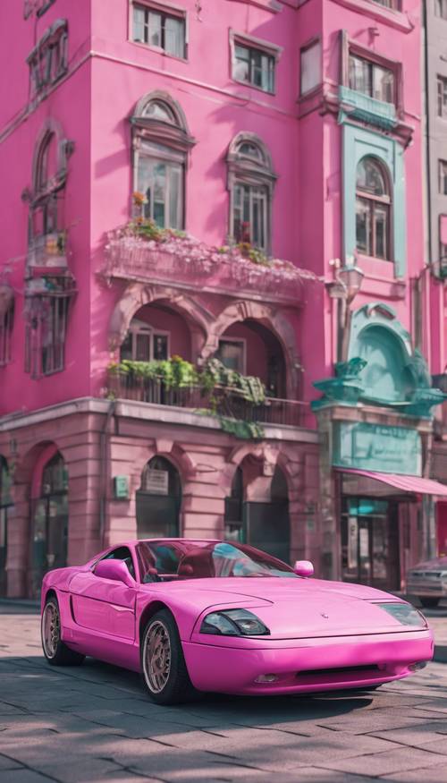 A bubblegum-colored 3D sports car designed with a Y2K aesthetic parked in a vibrant city