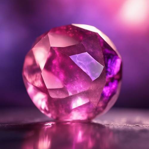 Szklany kamień odbijający różowe i fioletowe promienie światła.