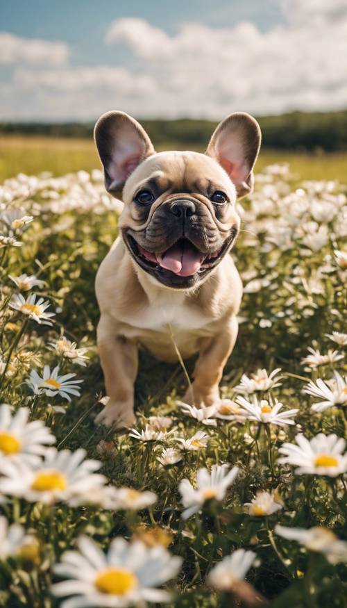 Un cucciolo di bulldog francese marrone chiaro con la lingua fuori, che gioca in un campo di margherite durante la primavera.