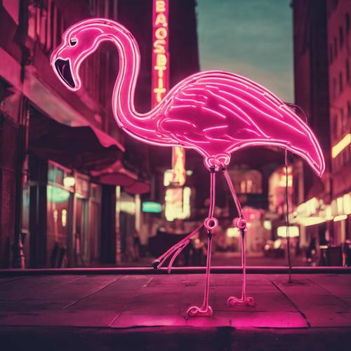 Tanda flamingo merah muda neon yang bergaya bersinar dalam lanskap kota bergaya retro 80-an.
