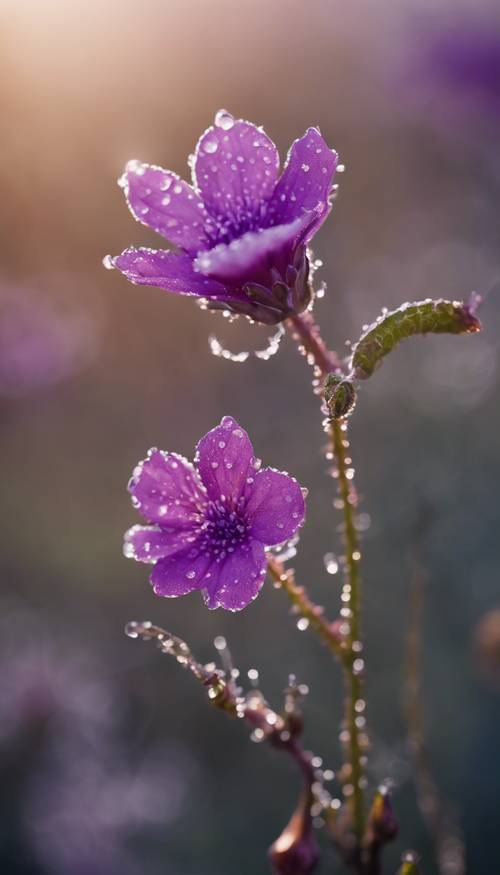 A delicate Mexican flower with purple petals covered in dew in the early morning.