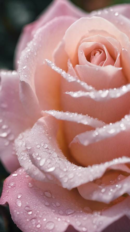 特写一朵纯净的淡粉色玫瑰，花瓣上沾满晨露。