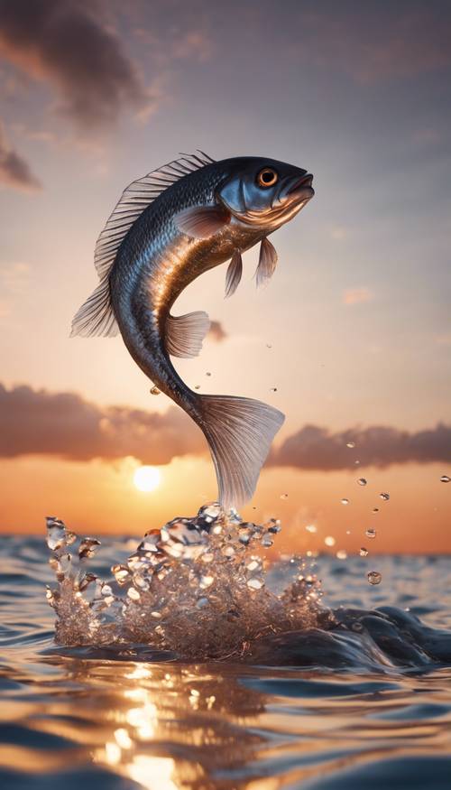 Un impresionante pez plateado saltando de un mar rojizo durante una puesta de sol.