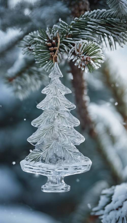 Un árbol de Navidad de pino decorado con intrincados adornos esculpidos en hielo en un paisaje helado.