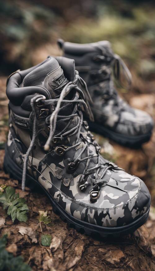 耐用的登山靴，採用灰色迷彩設計