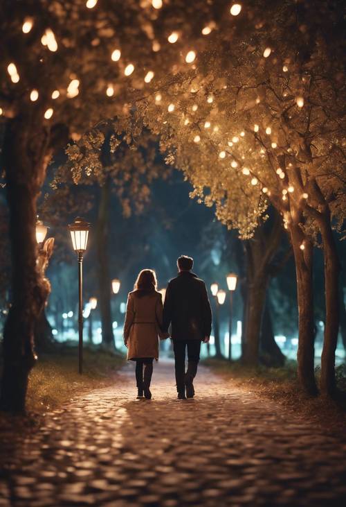 Para trzymająca się za ręce, spacerująca oświetloną latarniami ścieżką w romantyczną noc.