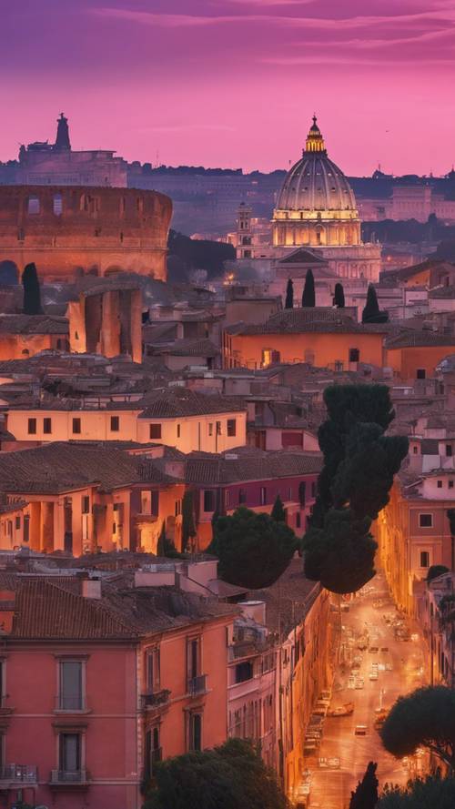 A colorful twilight skyline of Rome with the Colosseum and ancient ruins silhouetted against an orange, pink, and purple sky.
