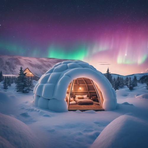 Idylliczna wioska igloo pod czarującym nocnym niebem oświetlonym surrealistyczną zorzą polarną