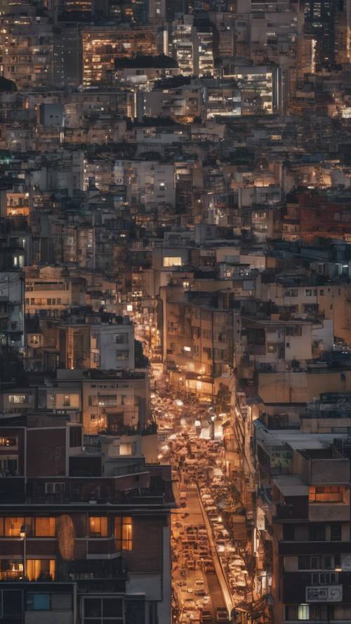 A crowded cityscape during the twilight hour, with a bright sun setting and small moon rising. Tapeta [14e92c2390be42968b46]