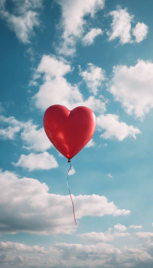 A large red heart-shaped balloon floating in a bright blue sky.