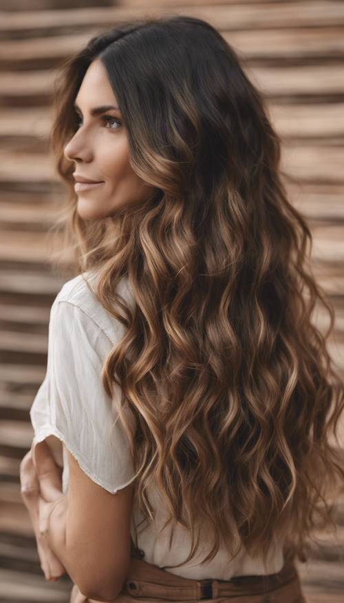 Retrato de una mujer con cabello largo y ondulado que muestra una impresionante transición del marrón oscuro al marrón claro: un ombre marrón perfecto.