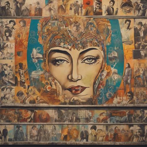 A vintage mural representing the cultural diversity of the 60s on a canvas. Tapet [e9fcae3d52f0418eb719]