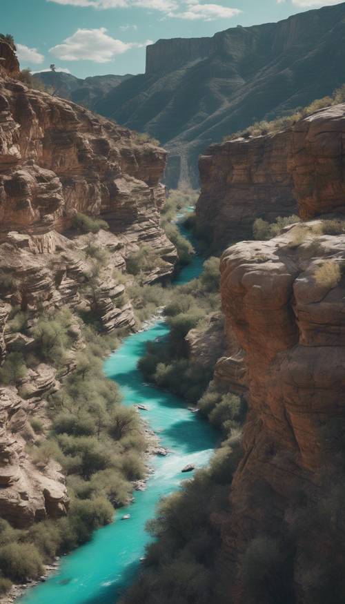 Захватывающий вид на глубокий каньон с бирюзовой рекой, резко текущей среди суровых скал.