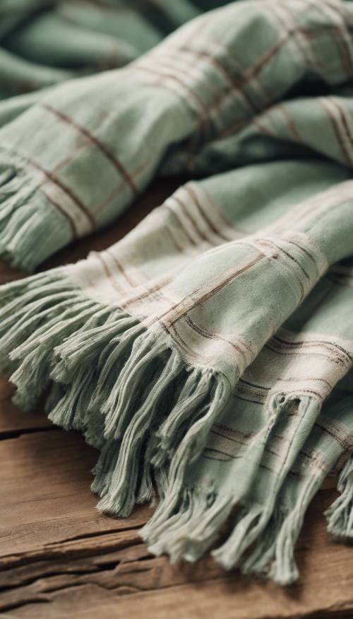 一条柔软的灰绿色和米色格子围巾放在一张质朴的木桌上。