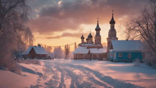 Un villaggio russo innevato sotto la luce mistica di un tramonto nostalgico.