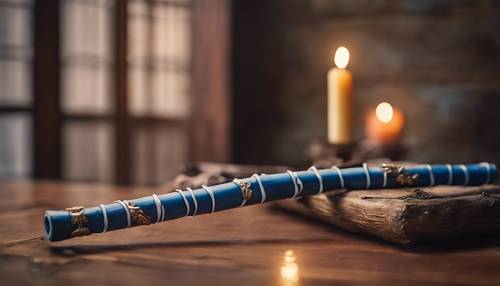 Uma flauta de bambu azul apoiada sobre uma mesa de madeira antiga ao lado de uma vela.
