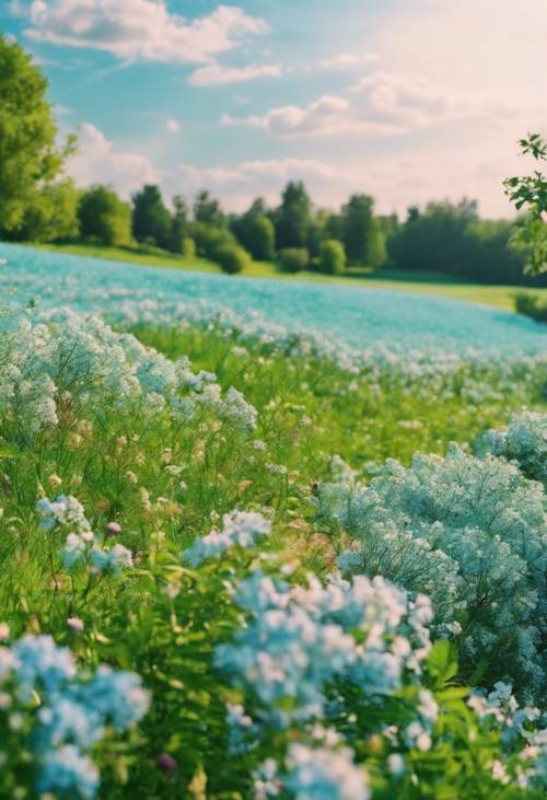 منظر طبيعي رعوي مع حقول خضراء مورقة وأزهار متفتحة تحت سماء زرقاء فاتحة.