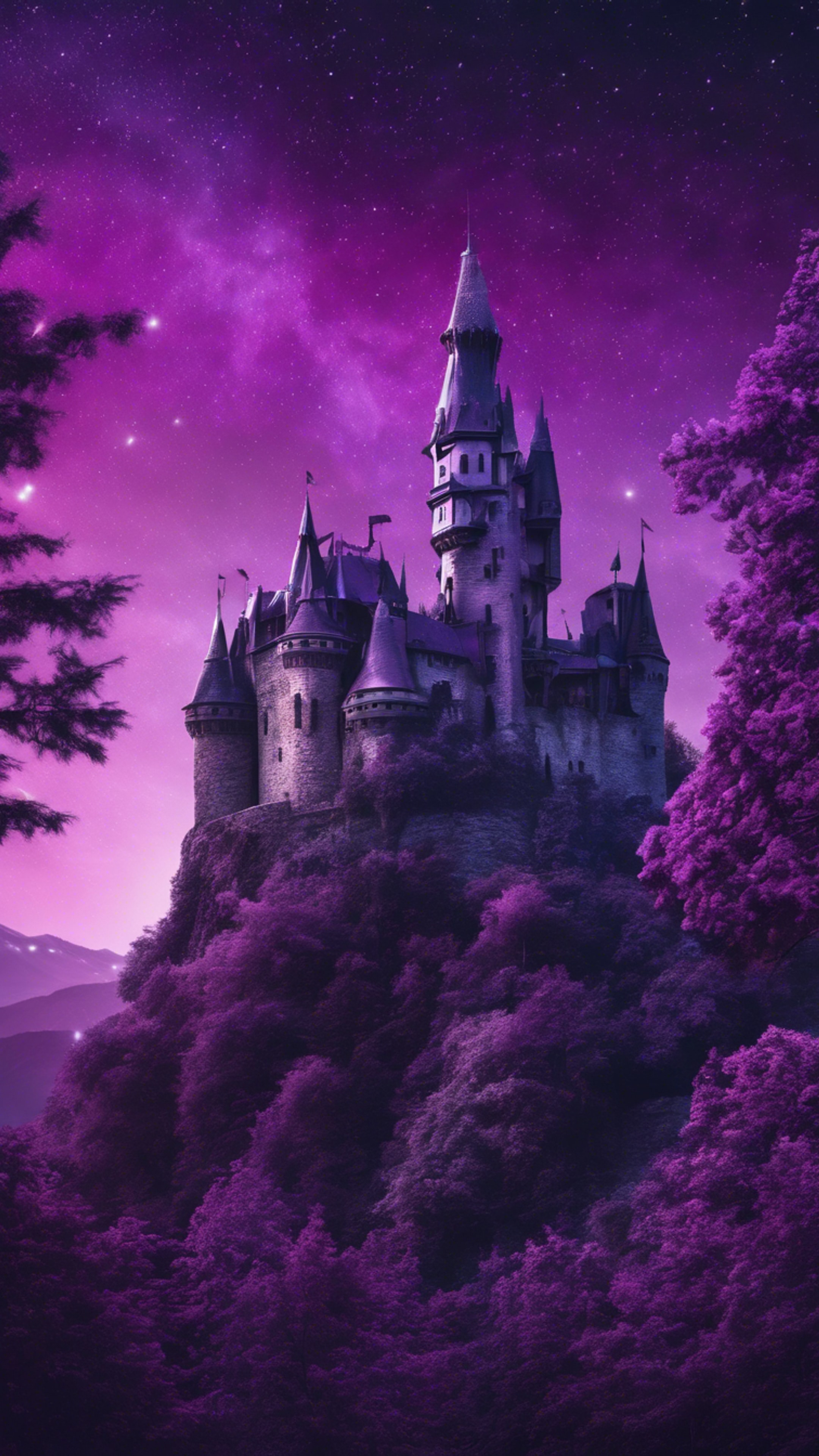 An imaginative collage including a deep purple night sky, a majestic purple castle, and a lush violet forest. Тапет[d69784f3cee744e79a0a]