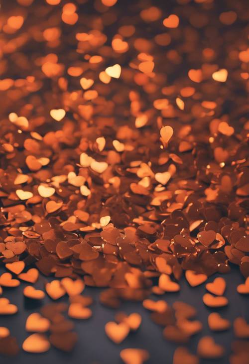 Uno sciame di minuscoli coriandoli luminescenti a forma di cuore in varie tonalità dell&#39;arancio.