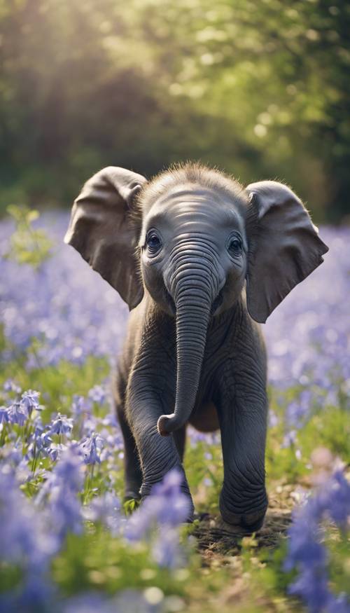 Un elefantino blu che gioca con gioia in un prato pieno di fiori di campanula.