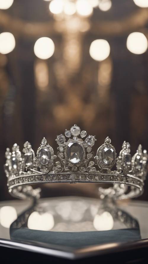 A Victorian-era gray diamond tiara on display in a glass case.