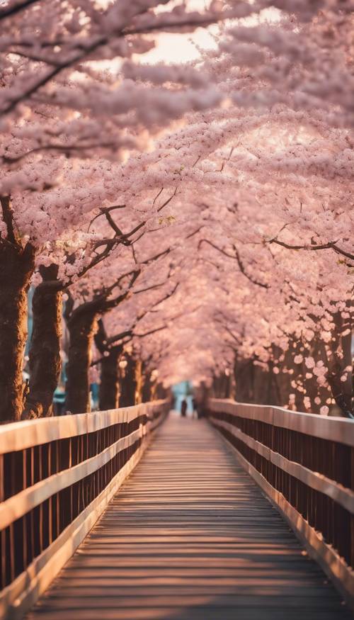 Długi most dla pieszych pokryty kwiatami wiśni podczas pełnego rozkwitu o zachodzie słońca. Tapeta [7948170653b847869f4f]