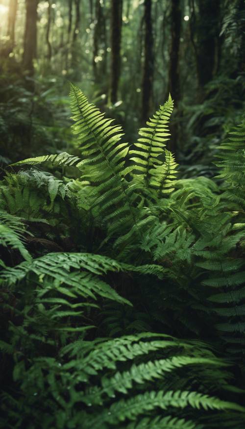 Eine Gruppe dunkelgrüner Farne in einem warmen, sonnenbeschienenen Regenwald.