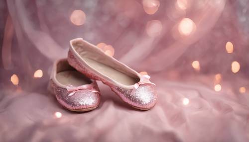 一双饰有淡粉色亮片的芭蕾舞鞋。
