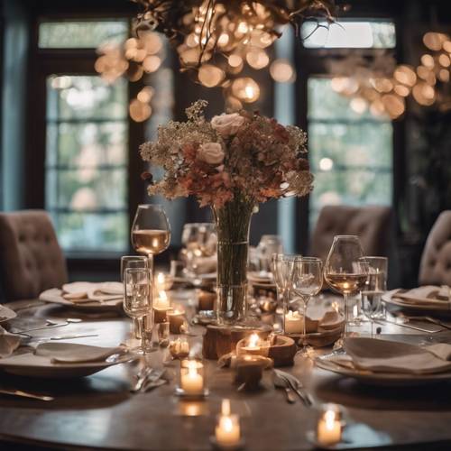 Uma mesa de jantar lindamente posta para um jantar romântico.