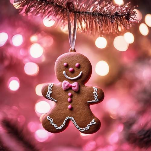 Manusia roti jahe merah muda tergantung di pohon Natal yang terang benderang.