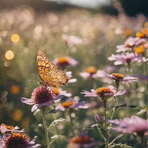 Taman kupu-kupu estetis yang dipenuhi bunga liar yang bermekaran dan kupu-kupu yang bermain-main di bawah sinar matahari pagi.