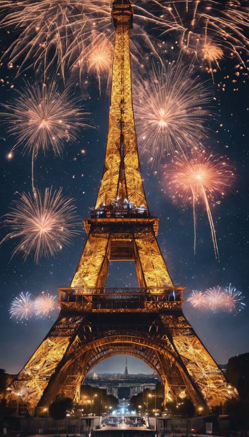 Menara Eiffel di Paris, menyala di langit malam dengan kembang api yang meledak di sekitarnya